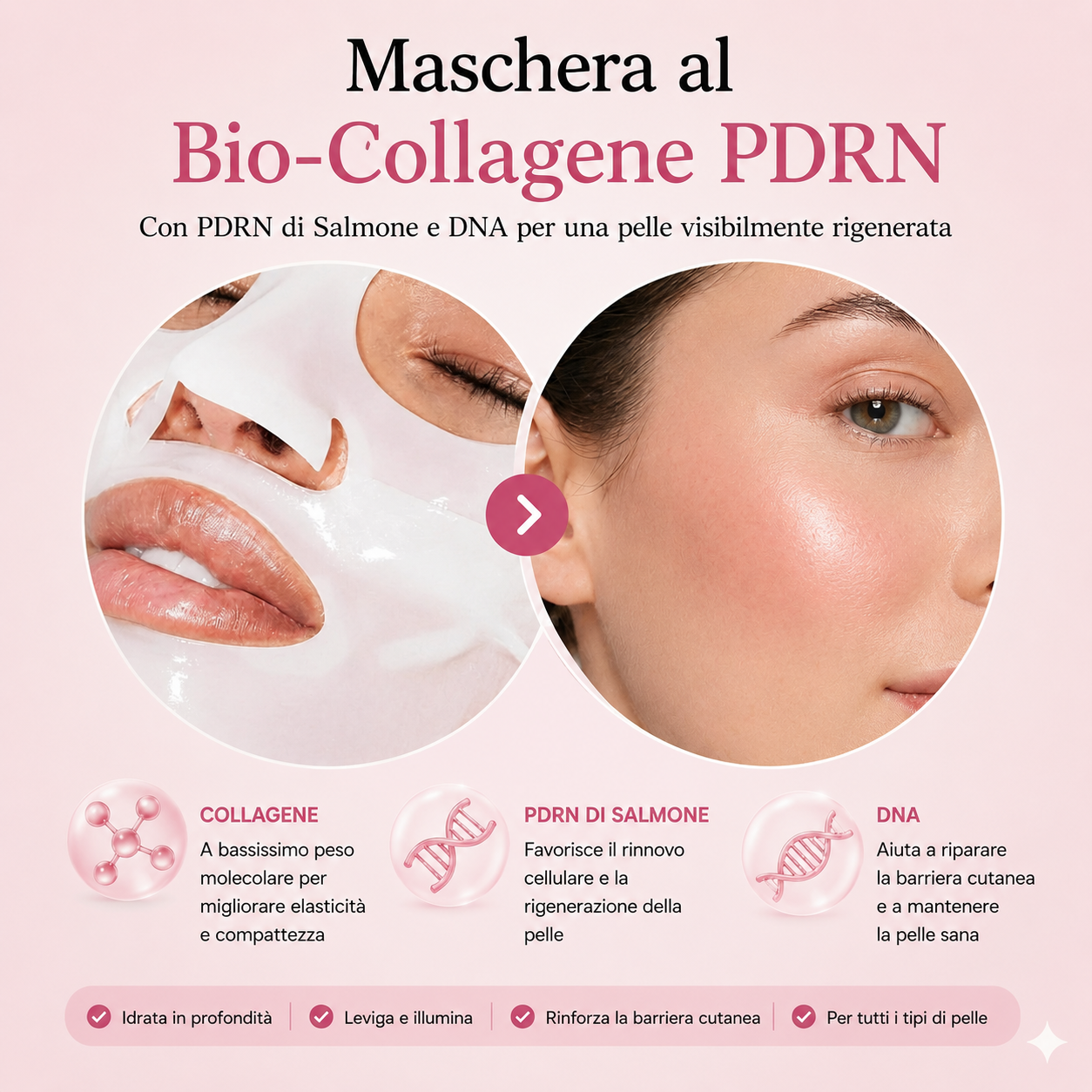 Maschera di collagene pink - con PDRN di Salmone DNA Idratazione e Rassodamento della Pelle Skincare Coreana